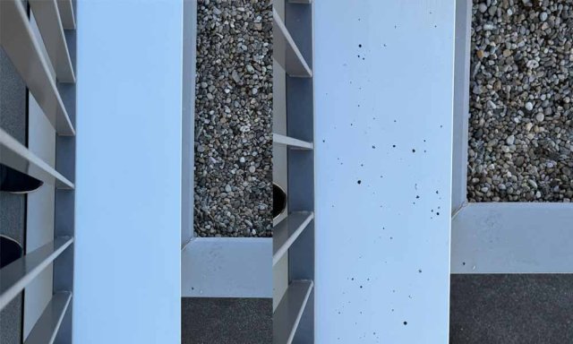 Photo avant/après montrant le nettoyage en profondeur de la rambarde et du rebord d'un balcon d'appartement. Les taches, projections et salissures accumulées sont entièrement éliminées pour restituer une surface nette et impeccable.